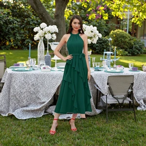 Women's 2024 Summer Sleeveless Halter Neck Ruffle Hem Split Flowy Midi Dress Belt Casual Style Natural Chiffon Digital Printing