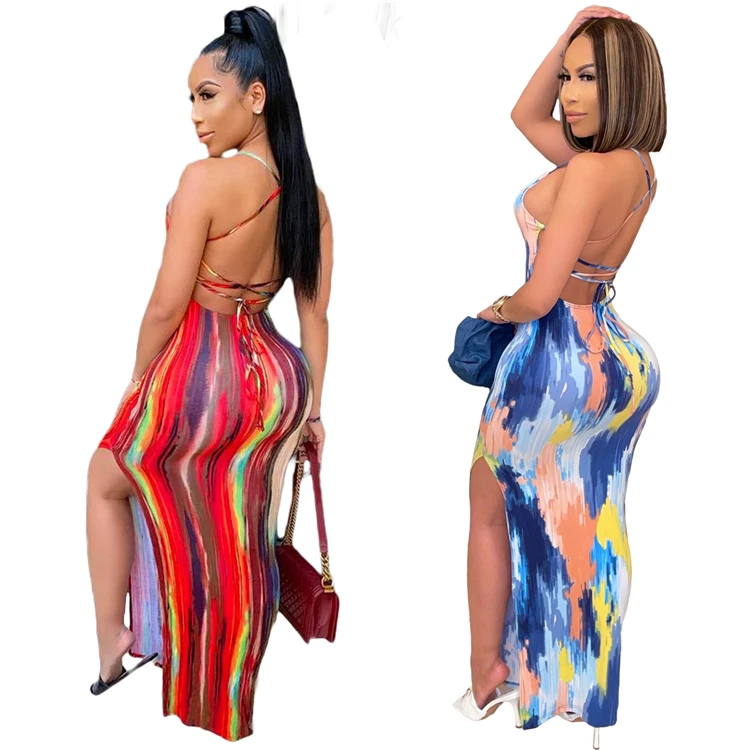 2021 Fashion Female Maxi Strap Dress Backless Tie Dye Summer Women Party Long Tight Dresses