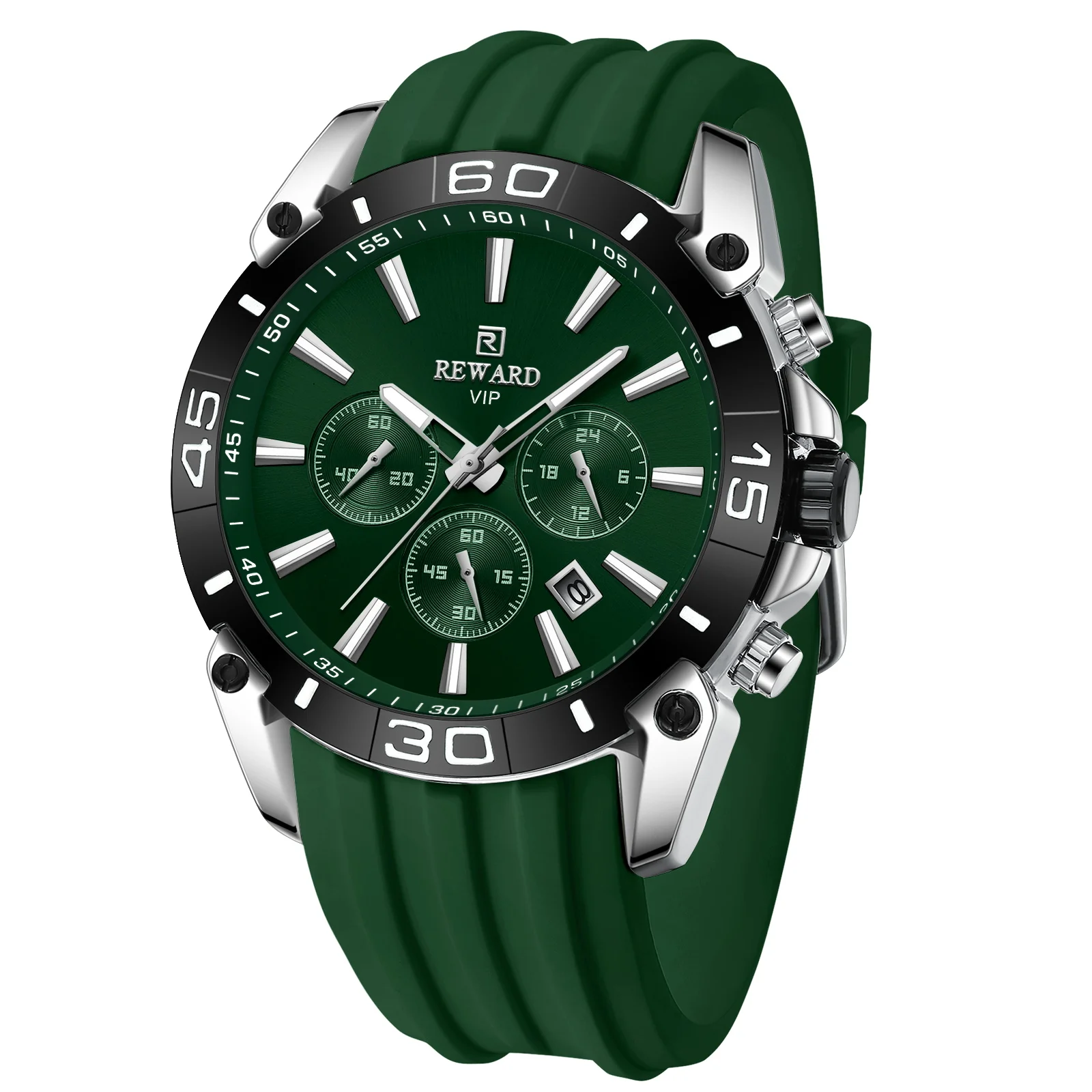 REWARD Orologio da polso da uomo, alla moda, da lavoro, in acciaio inox, cronografo, impermeabile, luminoso, datario, sportivo, al quarzo, nero/argento/blu/verde, Verde, Cronografo, orologio al quarzo