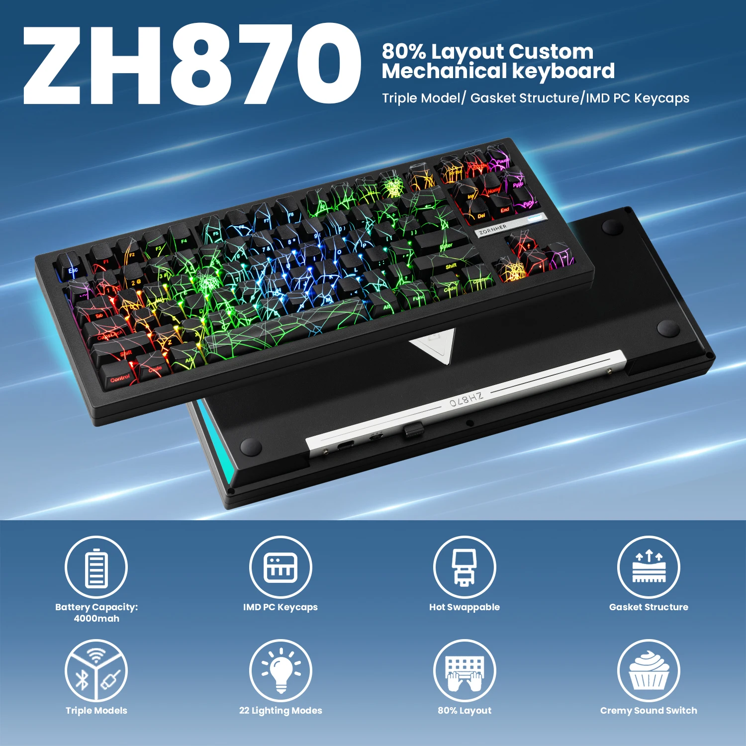 ZORNHER ZH870 Black Spider Web Mechanical Keyboard RGB Light 100
