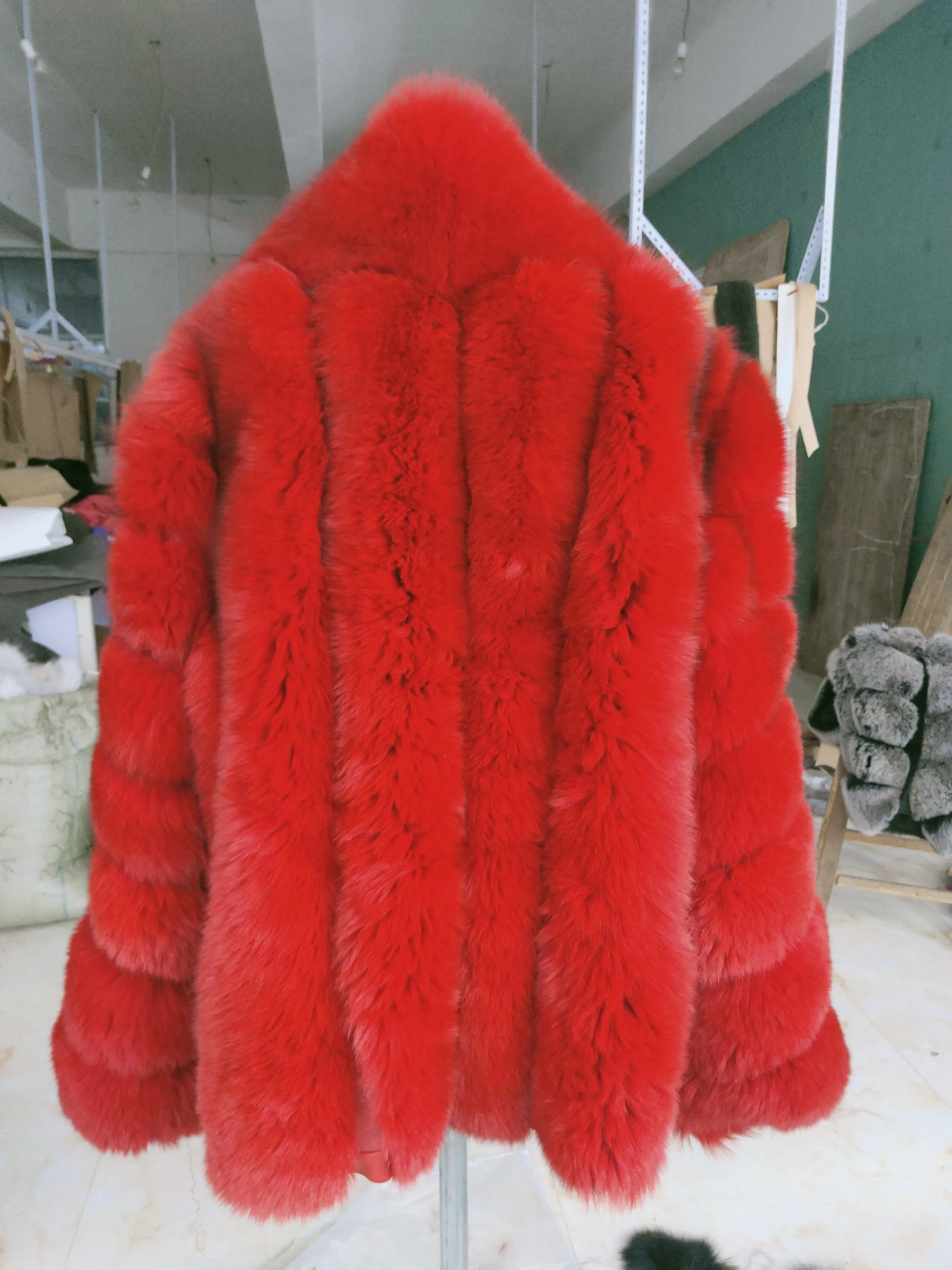 Custom Bright Red Real fox Fur Coat Plus Size for Men Big Size fox Fur Jacket
