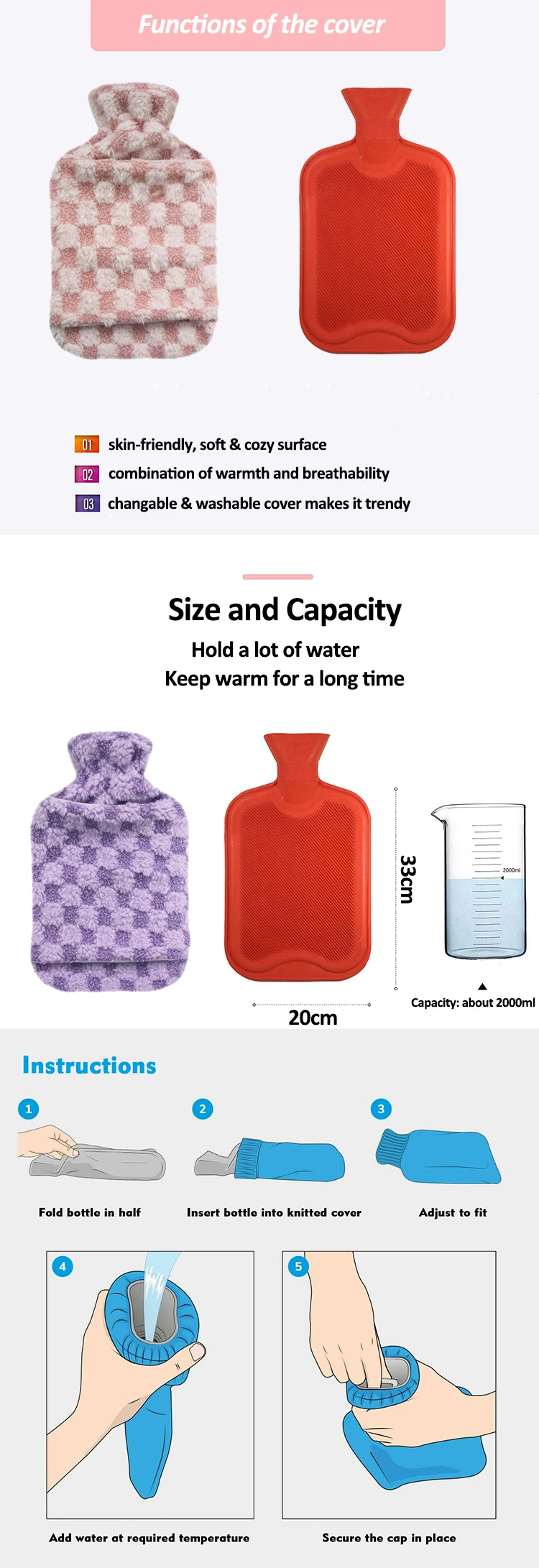 Factory Wholesale Custom Reusaber Rubber Hot Water Bottle 2l with Hand Warmer Fur Cover Hot Water Bag for Sample