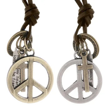 Antique Vintage Cross Hollow Peace Symbol Pendant Necklace Men Long Brown Leather Necklace Cord Men Jewelry