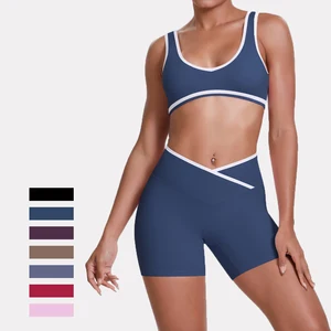 High Quality Cross High Waist Shorts Sports Yoga Bra Set for Ladies Contrasting Sports Bra Tight Yoga Pants Two Piece Set