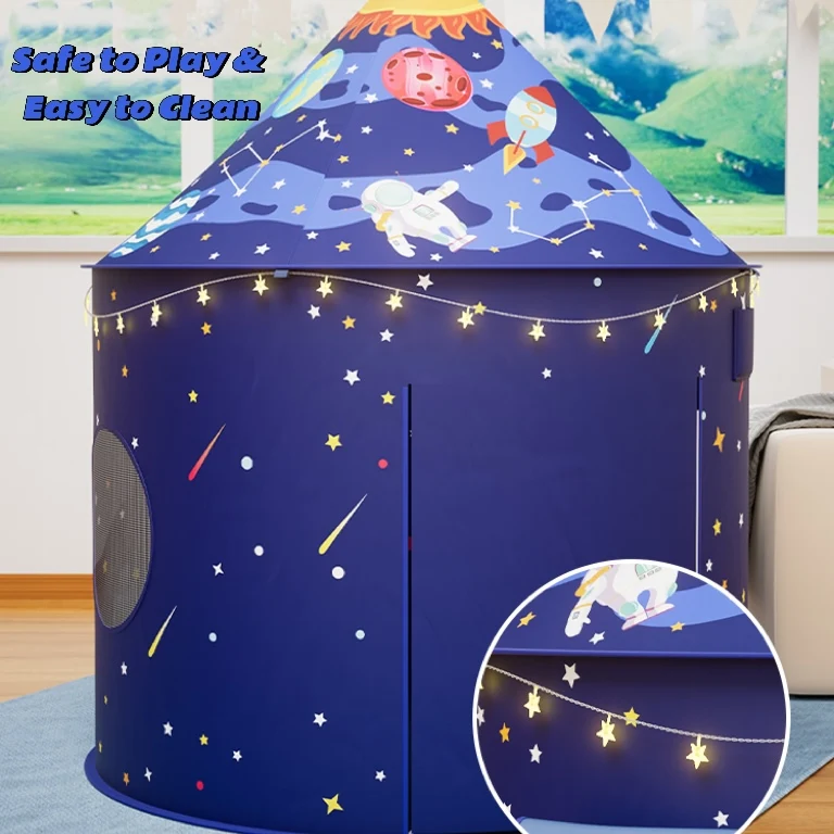 Rocket Ship Teepee Child Pop-up Small Space Playhouse Indoor Fun Kids Play Tent with Lights