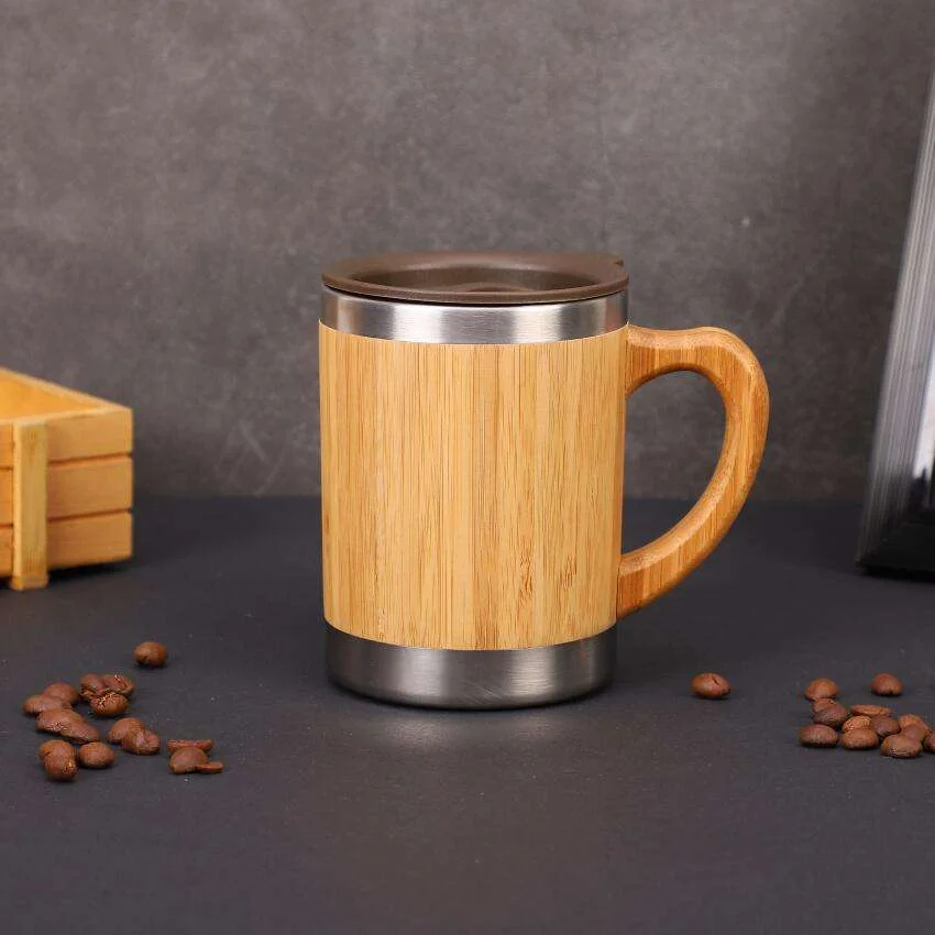 Termo de madera y bambú al vacío para vino o café, taza de viaje de acero inoxidable con asa y tapa._voghion.com