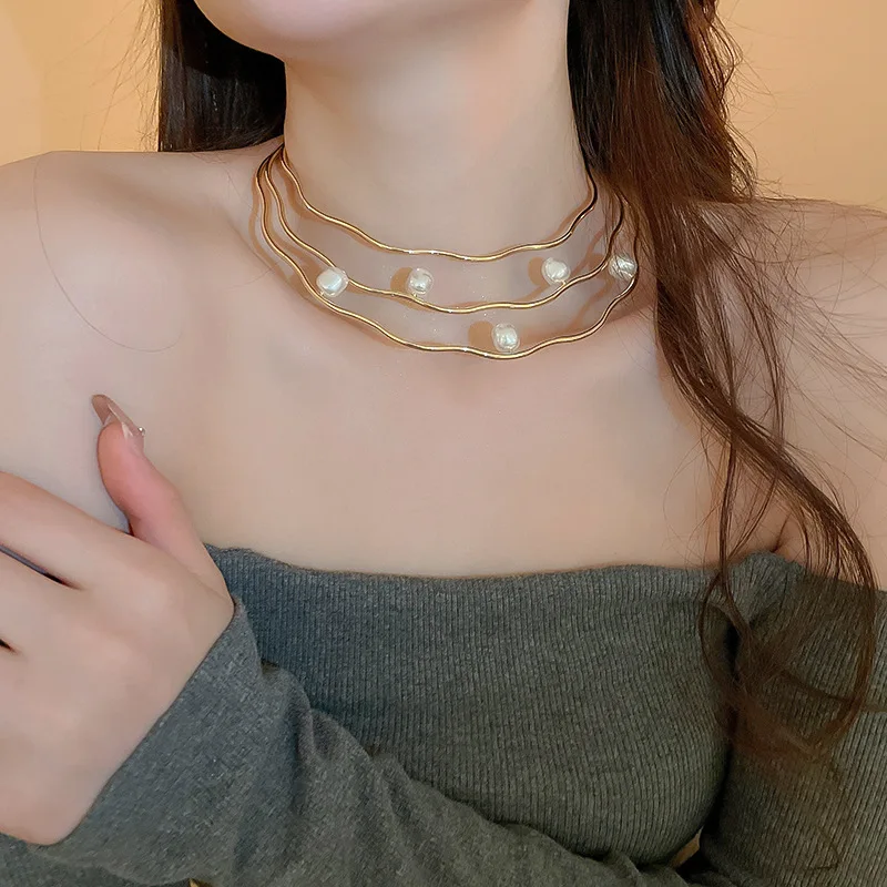 Wave Pearl Three Layer Collar European and American Cold Wind Exaggerated Design Sense Necklace