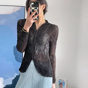 Women's Cardigan Top 2025 Summer Latest Fashion Tops Transparent Chiffon Cardigan Shirt Miyake Pleated Long Sleeve Blouse