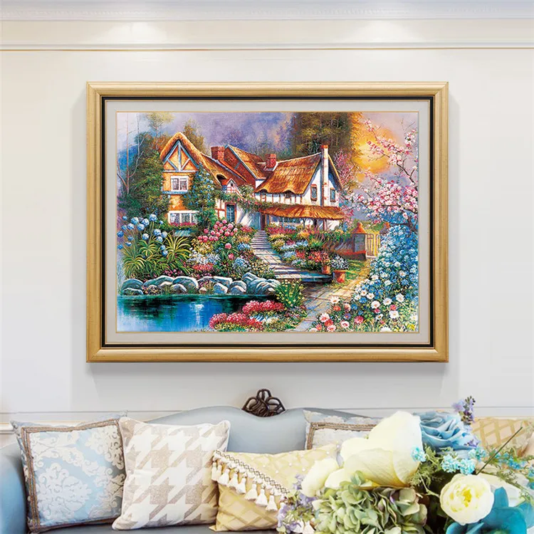 Needlework Printed Cross Stitch Colorful Village Scenery Diy Cross Stitch Kits Embroidery