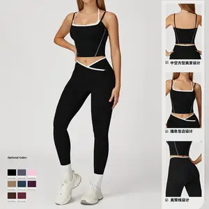 Tummy Control Cross Gym Leggings Back Fake -Piece V-neck Solid Breathable Folded High Waist Casual Versatile Fitness Yoga Set