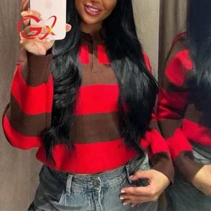 GX6218 Fashion 2026 Fall Women's Clothing Boutique Long Sleeve Turn Down V-Neck Stripped Sexy Women Blouse Knitted Shirt