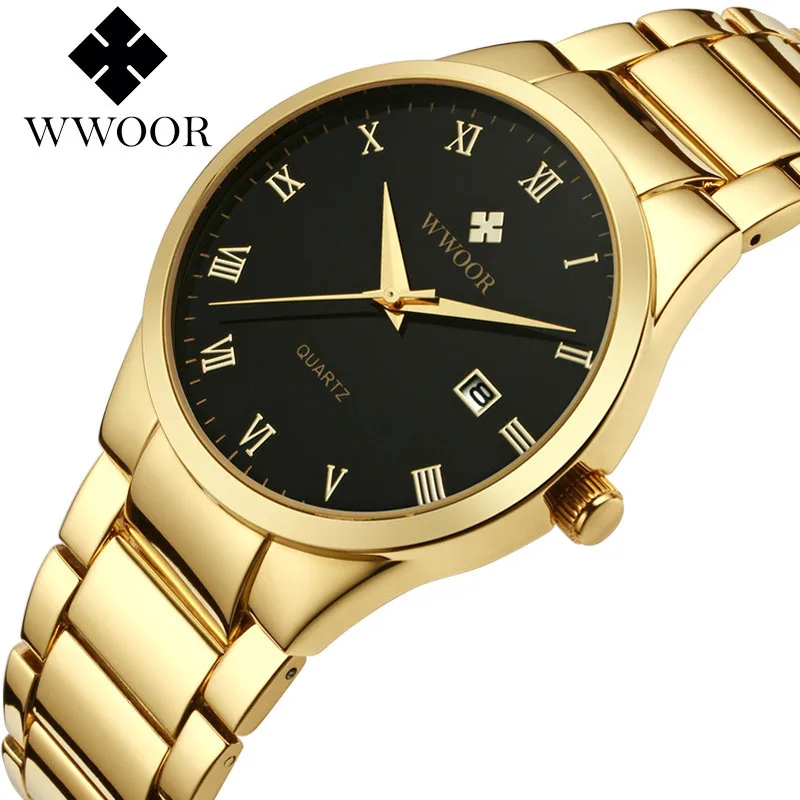 WWOOR Top Brand Luxury Men Stainless Steel Waterproof Sports Watches Men's  Quartz Analog Date Clock Male Black Strap Wrist Watch