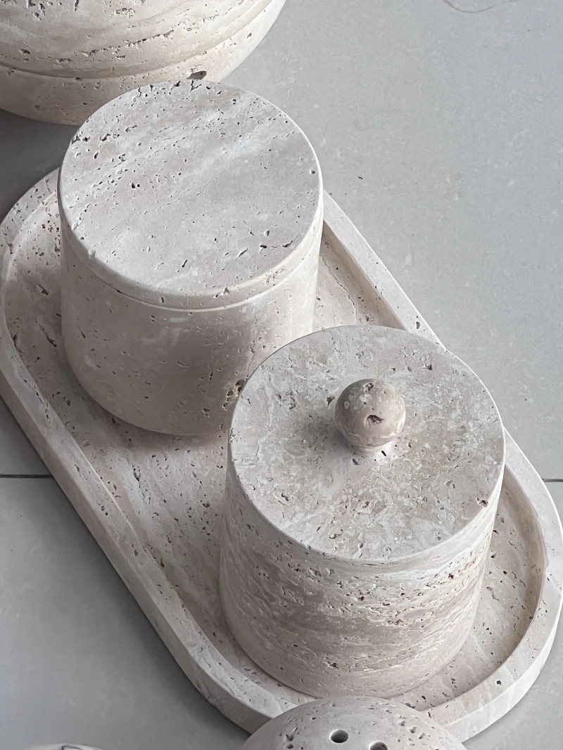 Stonekocc Wabi-sabi Beige Travertine Natural Marble Stone Sundries Storage Tank Candle Jars With Lid And Boxes Packaging