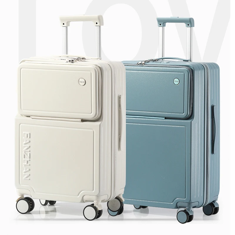 Multifunctional Travel Suitcase with Front Open USB Charging Cup Holders and Side Hook Boarding Luggage