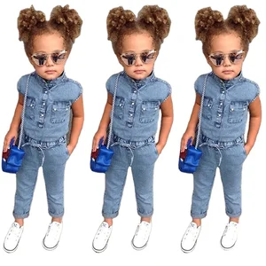 Ins Hot SelI Popular Style Girls Clothes Denim Jumpsuit Cotton Bow Pocket Short Sleeves 2019 Kids Clothing in Wholesale