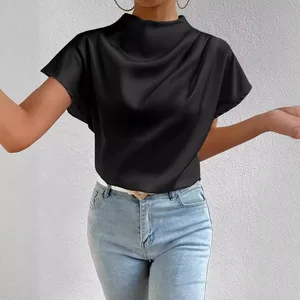 2025 Summer Women's New Round Neck Short Sleeve Left Shoulder Folded Color Satin T-shirt