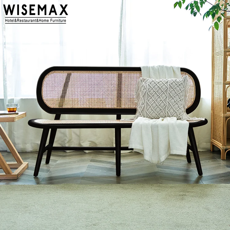 WISEMAX FURNITURE Modern Design Furniture Solid Wooden Long Bench Natural Rattan Sheef Woven Chair Bench for Garden and Cafe Sho