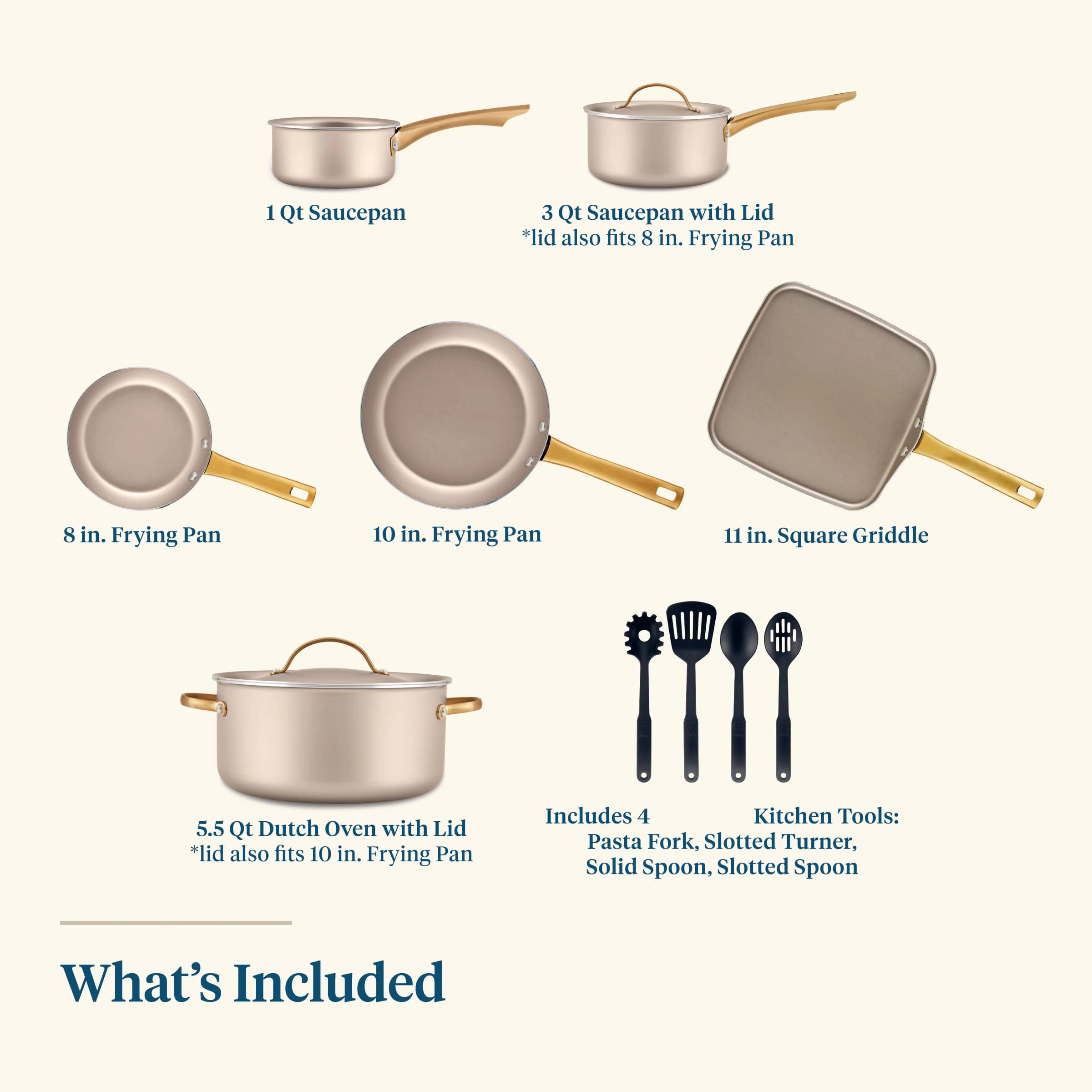 Nonstick Cookware/Pots and Pan Set with Lids and Prestige Kitchen Cooking Tools, Dishwasher Safe, 12 Piece, Champagne