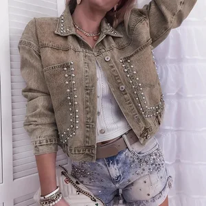 Round Dome Stud Denim Jacket Long Sleeved Lapel Colored Women's Jacket Coat Vintage Washed Short Jacket