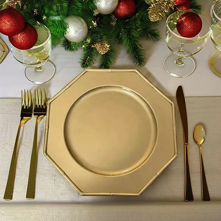 Wedding Party Table Setting Octagonal Plastic Chargers Plate 13 Inch Gold Plastic Dinner Plate