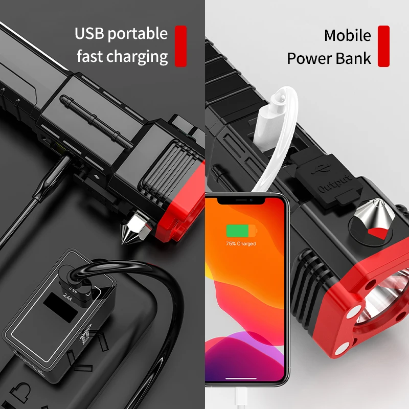 Function Usb Rechargeable Led Flashlight Safety Torch Window Breaker and Seatbelt Cutter Flashlight