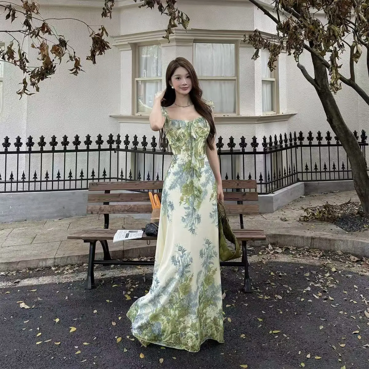 Beyouare 2026 New Monet Green Garden Dress Empire Waist Square Collar  Floral Print Long Casual Dress For Travel Leisure| Alibaba.com