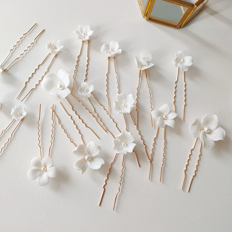 Simple Floral Headpiece Ceramic Flower Hair Pin Pearl Bridal ...