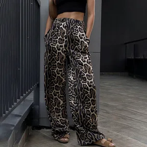 Women's Leopard Print High Waisted Wide Leg Pants 2026 Summer Breathable Elastic Waist Closure Flat Front Style Trousers