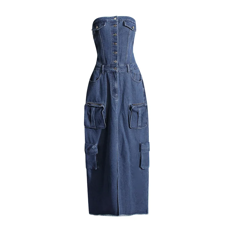 Hotselling Women's Dress Trendy Tube Top Waist Stretch Midi Cargo Pants Jean Dress Denim Dresses Women