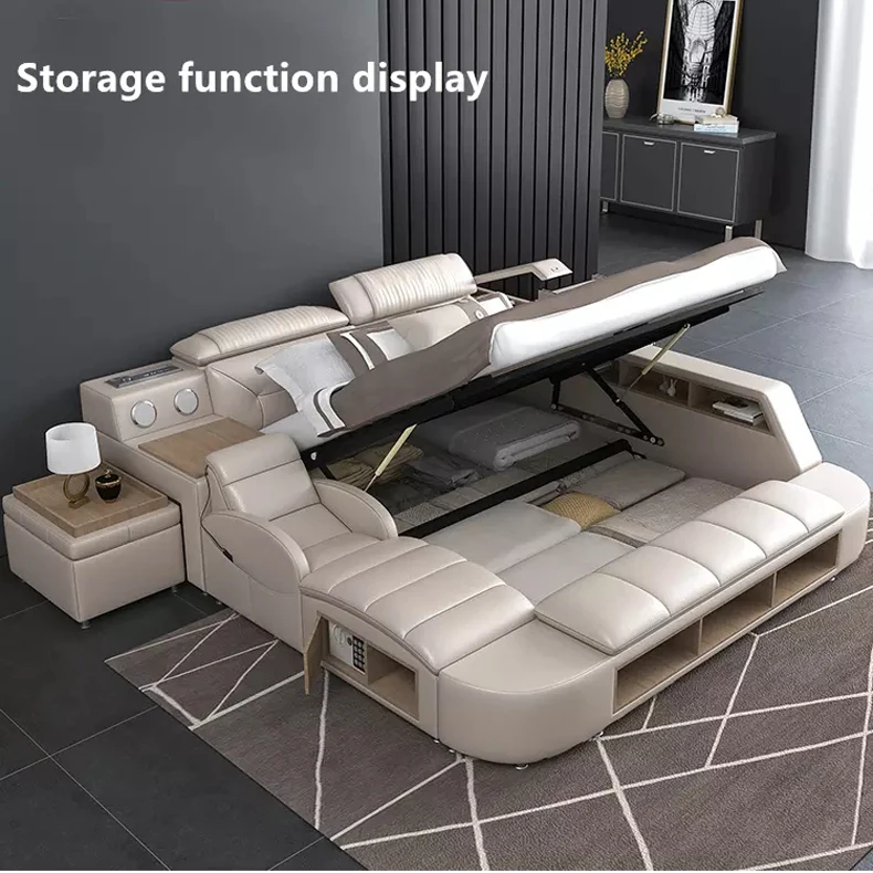 European Style Bedroom Furniture Multimedia Speaker Leather Smart Bed CELB003