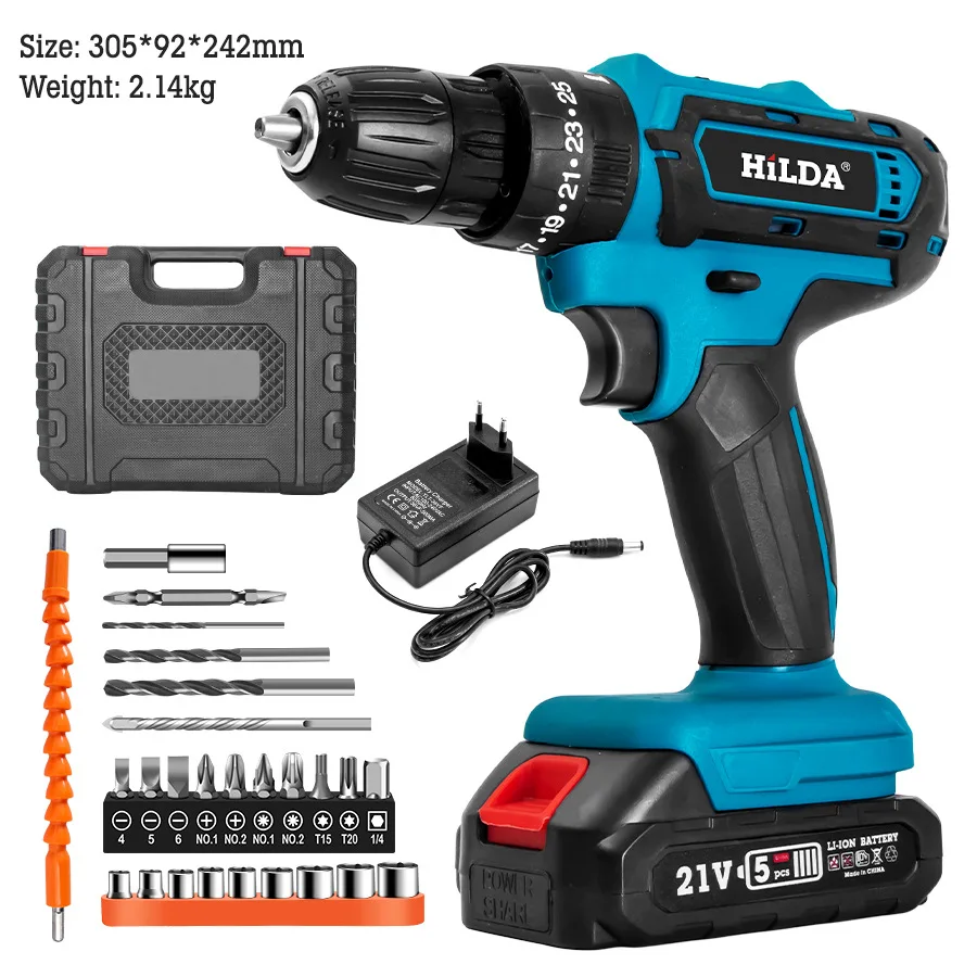 HILDA 21V Lithium Cordless Drill Set - Multi-Purpose Electric Drill Power  Tools for DIY & Industrial Use, CE Certified