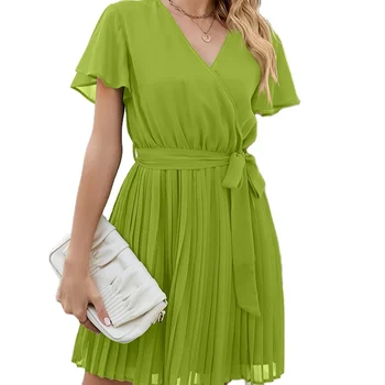 Women's V-neck pleated skirt with tie up chiffon short sleeved autumn, summer dress Support clothing manufacturers custom