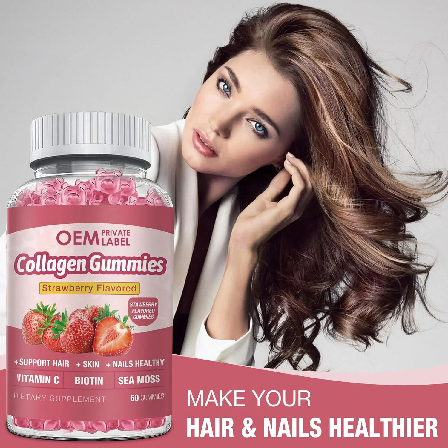 oem生物素头发皮肤软糖草莓风味胶原蛋白软糖与维生素c生物素海苔支持