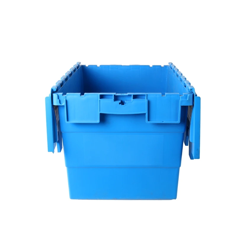 Standard Blue Attached Lid Container Plastic Storage Transport Tote Box Custom Logo Color Nestable Stackable Plastic Moving Crat factory