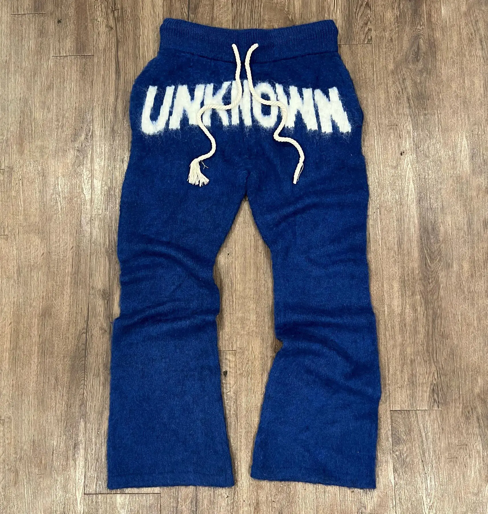 Custom Print Mohair Stacked Sweatpants Oversized Drawstring Streetwear Fluffy Fuzzy Knit Track Sweat Flare Mohair Pants for Men gallery 2