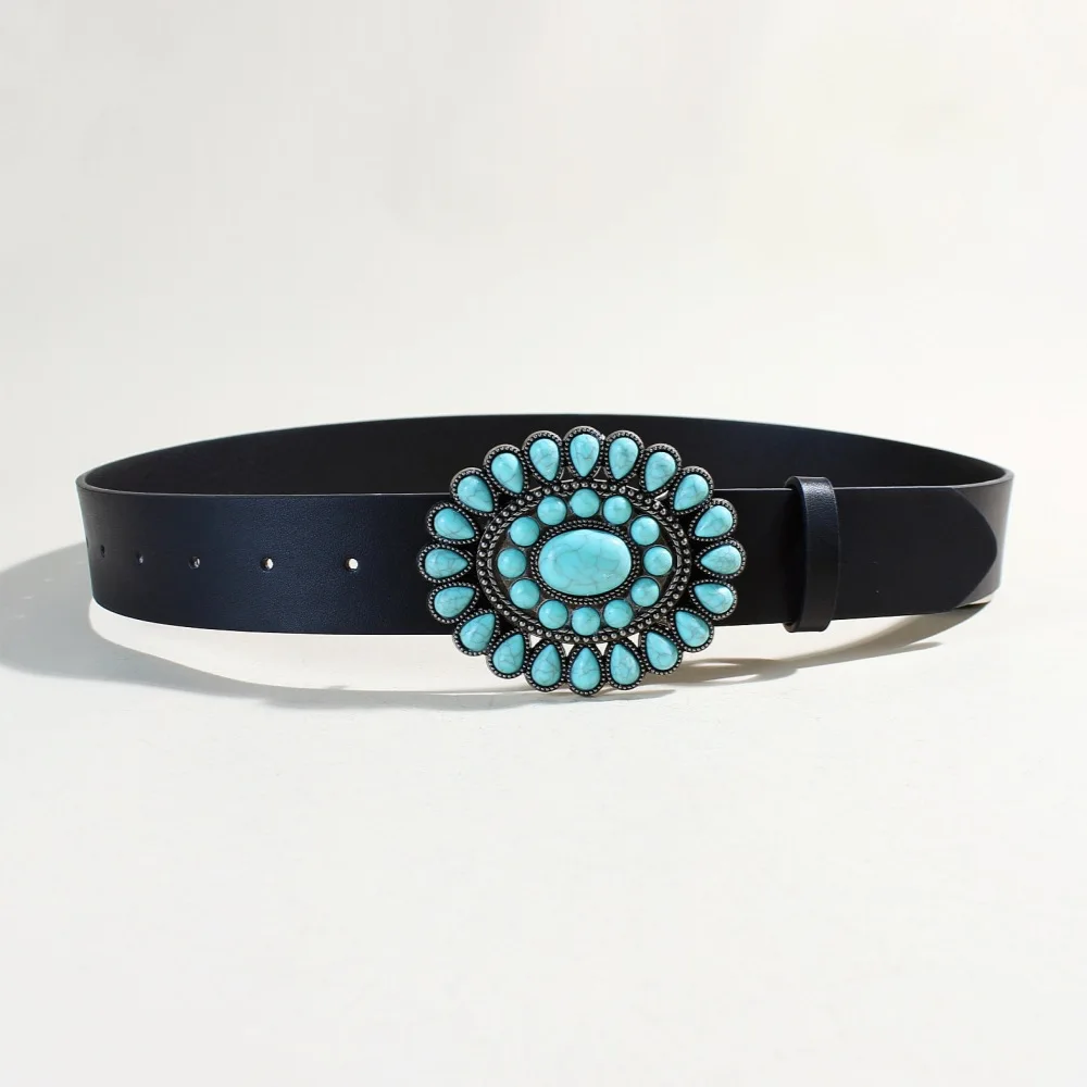Black Western Cowboy Cowgirl Leather Belt with Turquoise  display picture 1