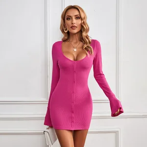 Wholesale Women's Clothing Solid Color Long-Sleeved Commuter Dresses Slim-Fit Bodycon Sexy Dresses for Women