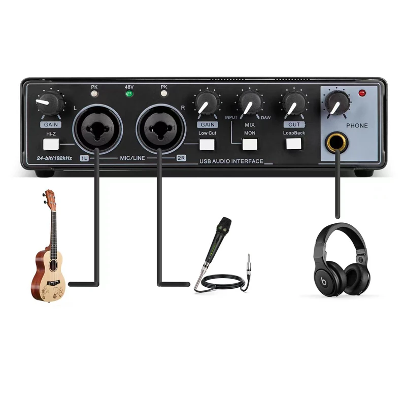 24Bit 96kHz USB Audio Interface for Computer Recording Podcasting Streaming Plug and Play Noise Free