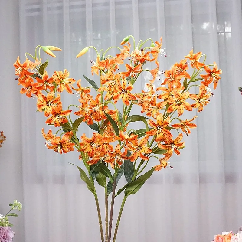 New Arrival Wholesale Artificial Silk Lily Flowers 15 Heads Red Orange