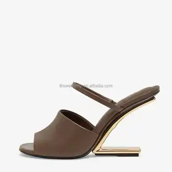 Custom F Design Heels Pumps Round Toe Genuine Leather Open Toe Metal Heeled Sandals Women Fashion Cross Border Mink Hair Sandals