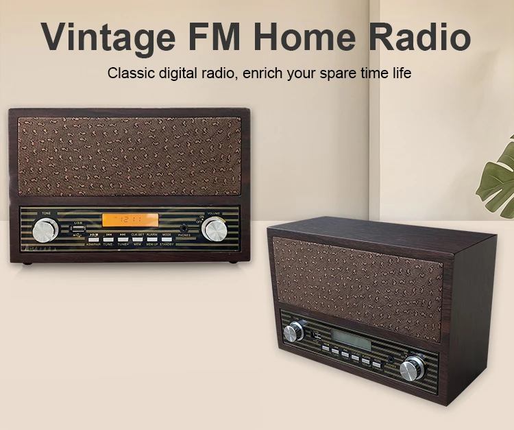 High Quality Wood Retro FM Clock Radio with Headphone Jack