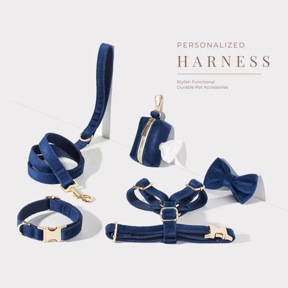 Personalized Design Dog Harness Matching Dog Collar Metal Buckle Leash Manufacturers Pet Bandana Bowknot Poop Bag Dispenser