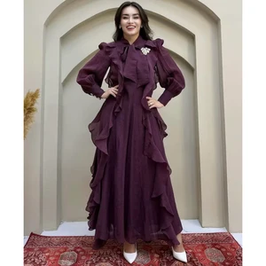 AELESEEN Autumn Winter Midi Dress Women Fashion Bow 3D Appliques Lantern Sleeve Designer Ruffles Elegant Party Female Vestidos