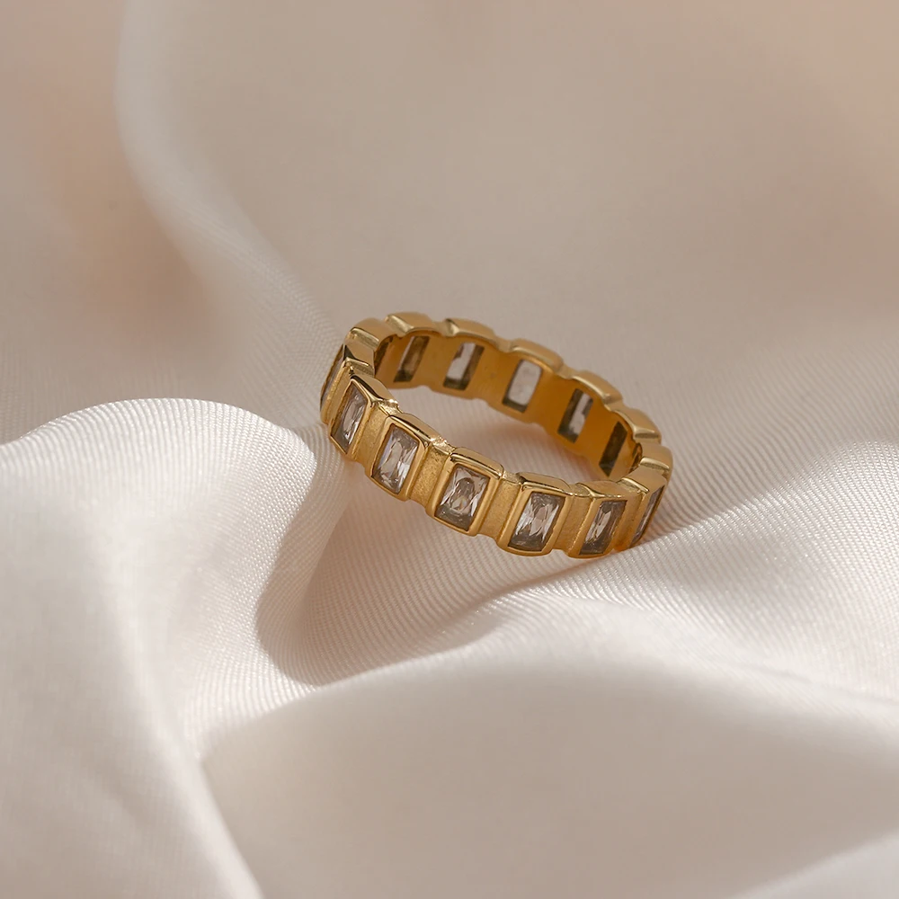 Simple Style 18K Gold Plated Stainless Steel Ring Square Diamond Stone Ring Jewelry for Women Jewelry