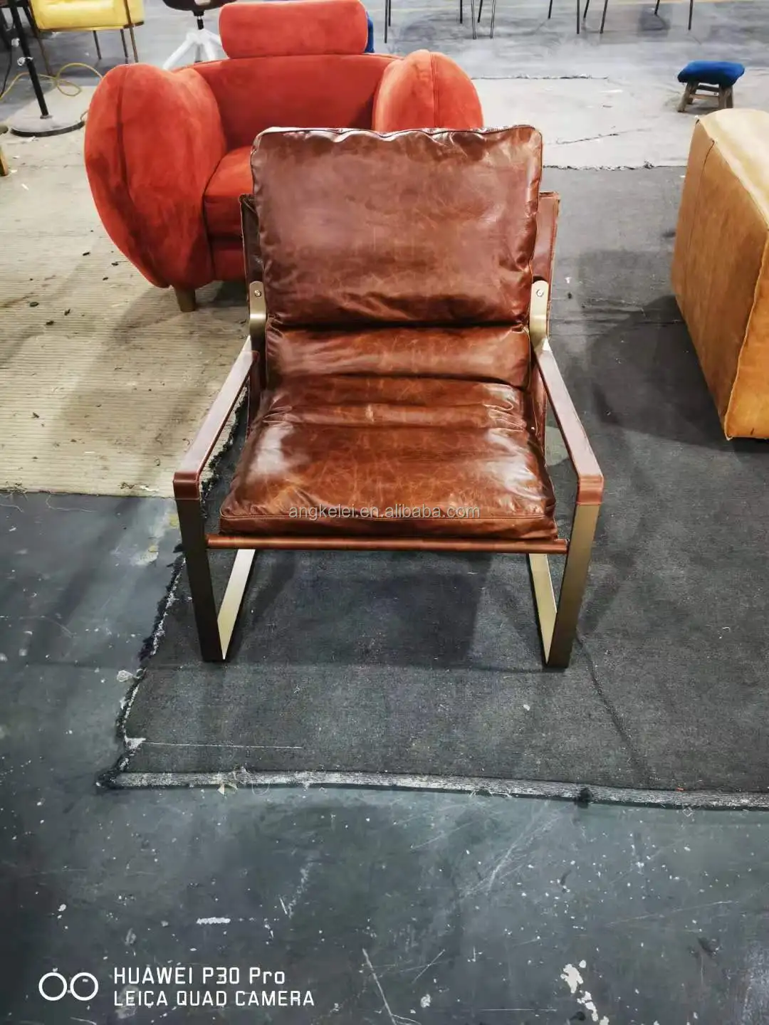 Retro Vintage Leather Metal Iron Lounge Armchair Living Room Chair Tan