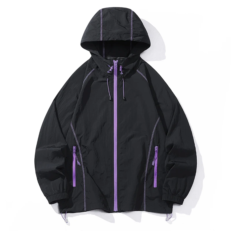 UPF50+ sun protection jacket with adjustable hood, zippered pockets, color-blocked design for cycling, hiking, and outdoor use, lightweight sun protection.