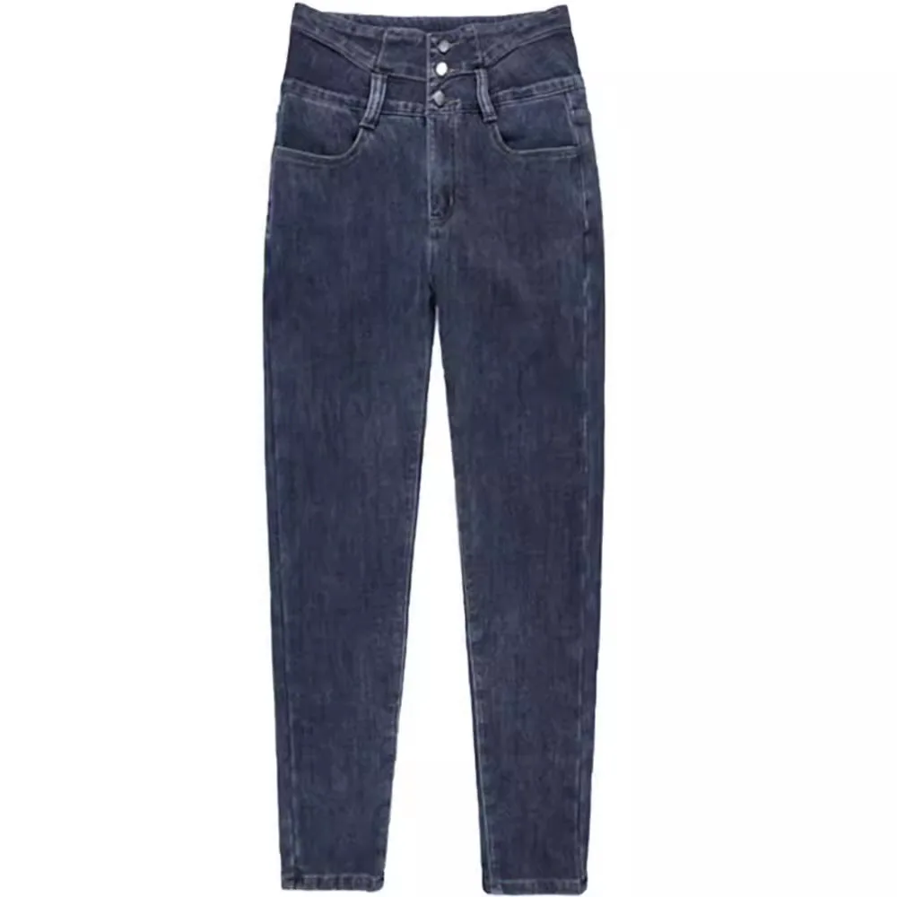 High Waist Fleece-Lined Denim Pencil Pants for Women New Autumn Winter Stretch Slim Fit Skinny