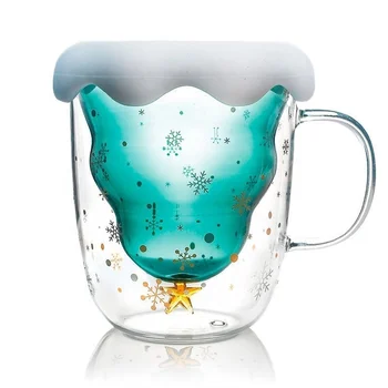 Clear Glass Cup with Creative Christmas Tree Snow and Snowman Lid Double Wall Heat Insulation Tumbler Milk Tea Juice Coffee Mug
