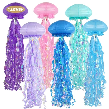 YACHEN Wholesale Blue pink Purple Hanging Paper Jellyfish Lanterns for Ocean Mermaid Theme Birthday Party Baby Shower Decoration