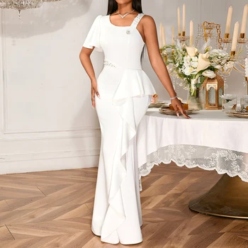 AM050401 Elegant One Shoulder Rhinestone Beading Asymmetric Bodycon Floor Length White Evening Dress with Ruffles